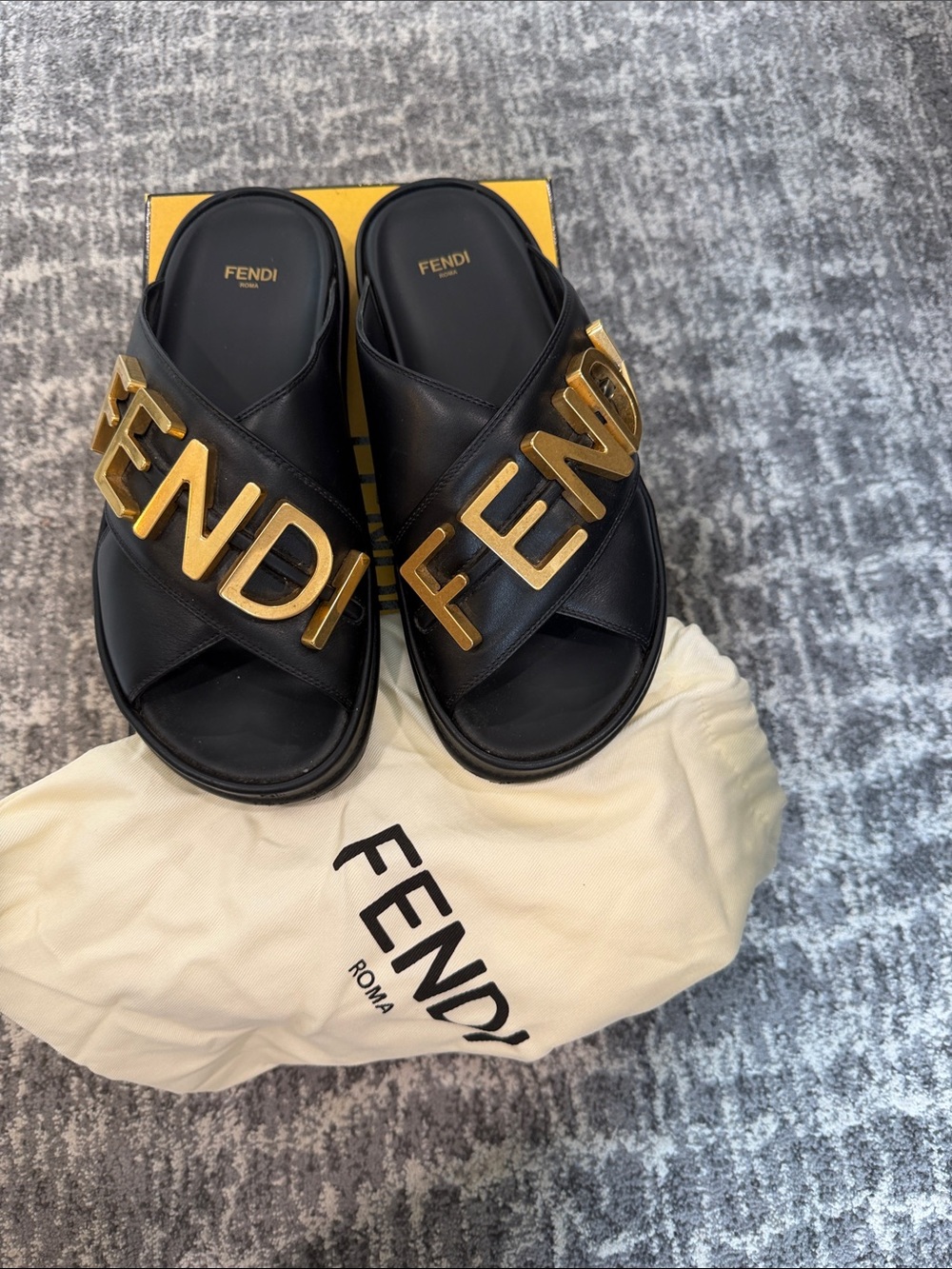 Fendi Black Leather Sandals with Gold Logo Hardware